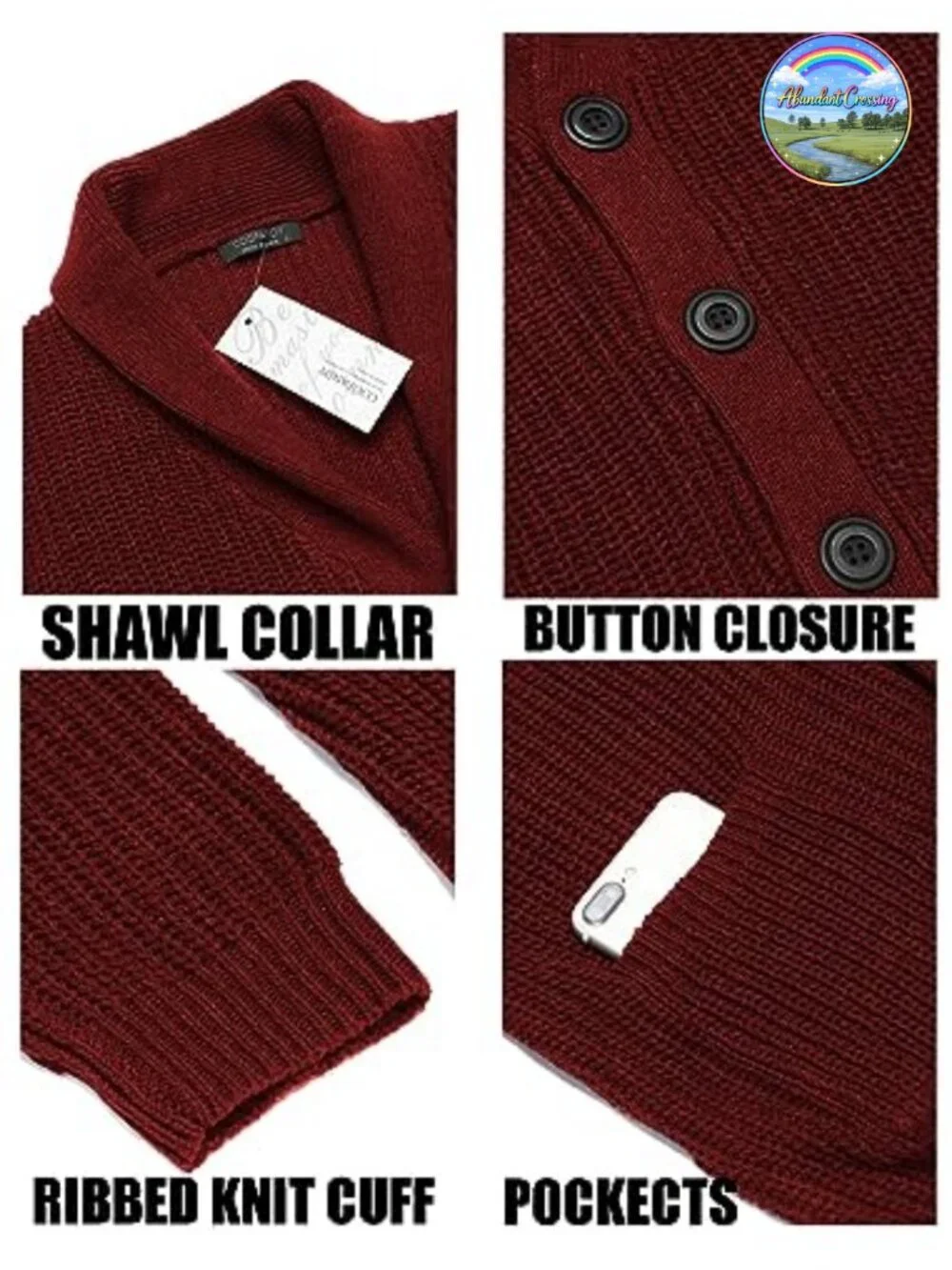 Mens Shawl Collar Cardigan Sweater Button Up Cable Knit with Pockets